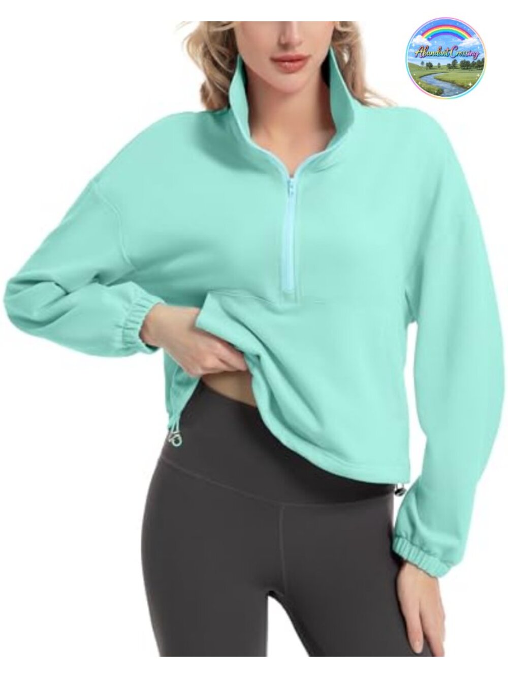 Quarter Zip Cropped Pullover Womens Long Sleeve Drawstring Hem